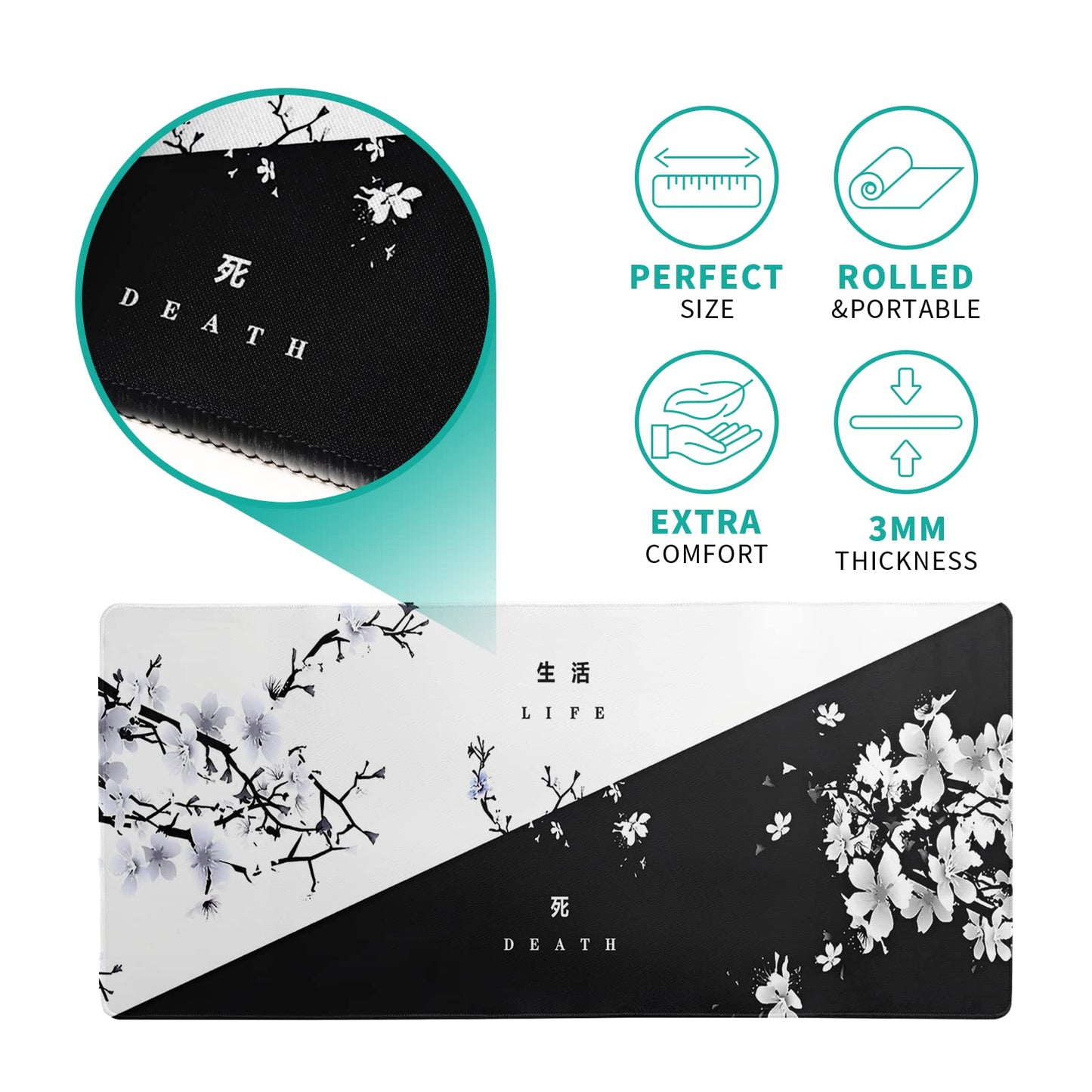 Black and White Japanese Cherry Blossom Gaming Mouse Pad Sakura Death Life Flower Mat 31.5x11.8 Inch Texture Non-Slip Rubber Base Mousepad Stitched Edges Keyboard Desk Pad for Office Home Game