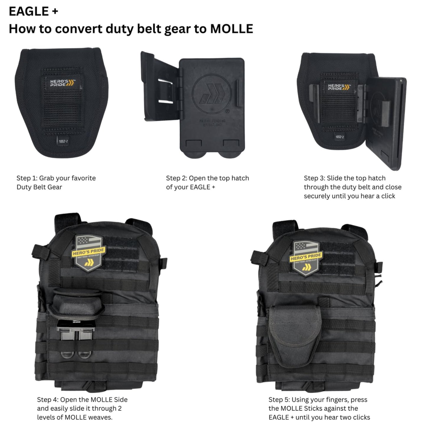 Hero's Pride Eagle+ MOLLE Adapter Universal Belt Loop to MOLLE Conversion Fits 2.25" Nylon & Ballistic Duty Gear One-Piece Tool-Free Design TAA Compliant for Tactical & Patrol Use