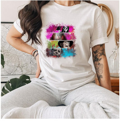 8 Sheet Halloween Iron on Patches Stickers Large Scary Movie Characters Vinyl Heat Transfer Applique Halloween Horror Clown Ghost Face Iron on Decals for T-Shirts Bags Clothing DIY Decorations