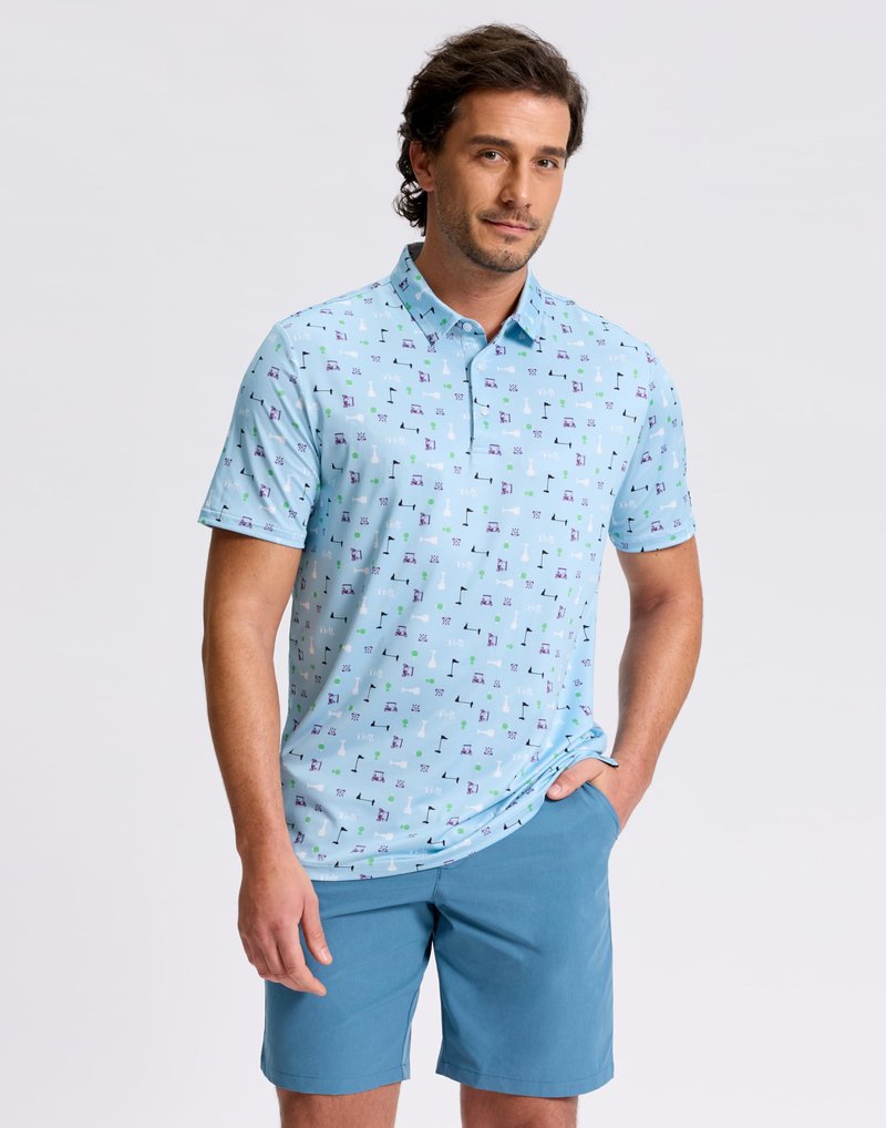 Obla Mens Golf Polo Shirts Short Sleeve Dry Fit Performance Moisture Wicking Casual Print Collared Golf Shirts for Men (Blue Golf Flag_M)