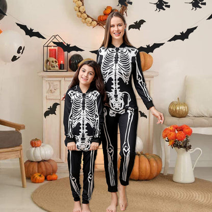 ANGELGGH Family Matching Halloween Onesie Pajamas, Funny Skeleton Printed Hooded Zippered PJs Holiday Loungewear for Men/Women (Men, M, Skull)
