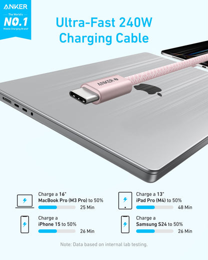 Anker Zolo USB C to USB C Cable, Braided and Dirt-Free Type-C Fast Charging Cable, Slim Connector, for iPhone 17 Series, MacBook (240W) (White, 3.3 FT)