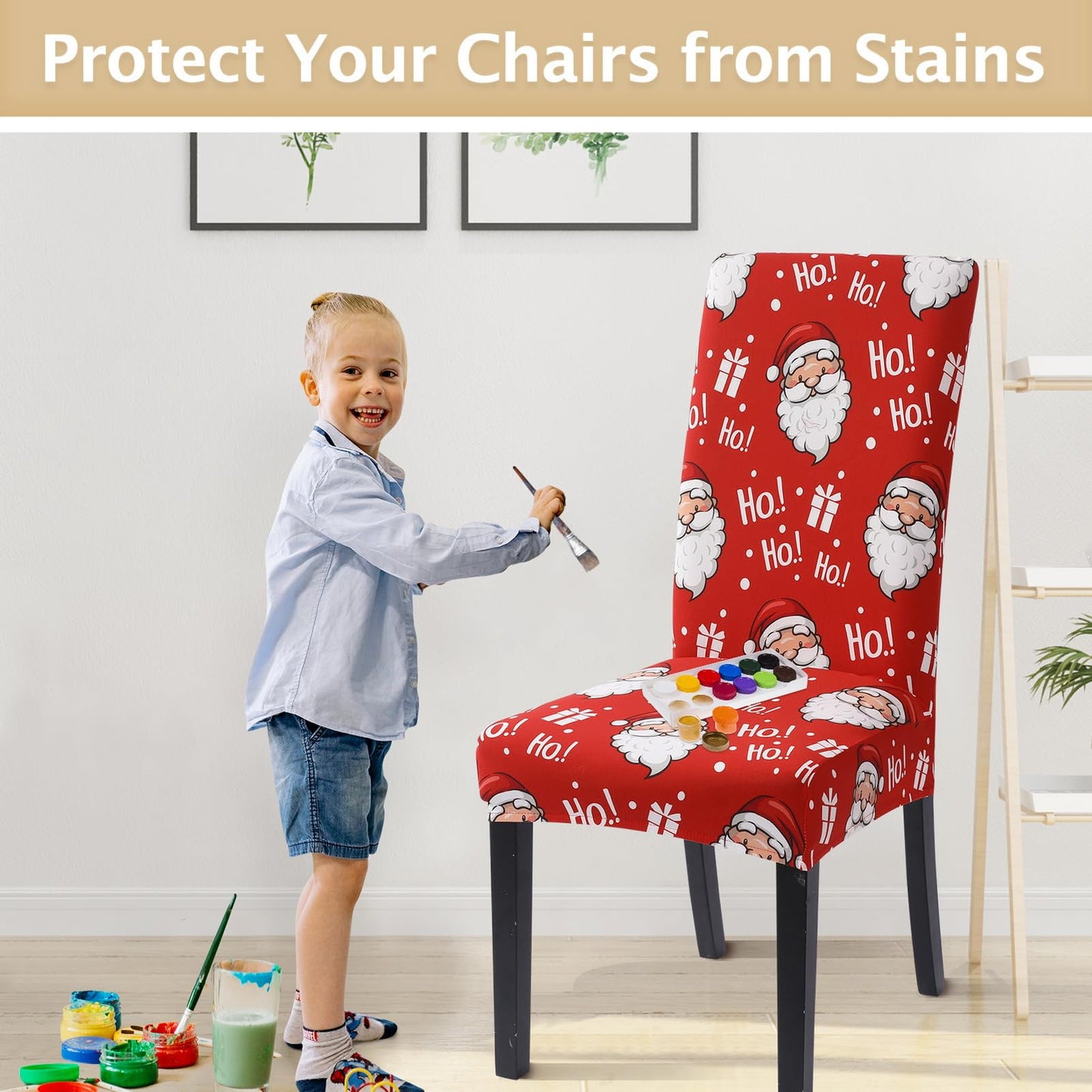 SearchI Christmas Chair Covers Set of 4, Stretch Xmas Kitchen Chair Cover Removable Washable Holiday Parsons Chair Slipcovers for Dining Room, Christmas Decoration, Ceremony(Santa Claus)