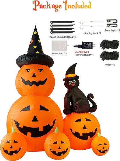 HOPOCO 6 FT Halloween Inflatable Decorations Spooky Ghost Pumpkin Lighted and Witch's Cat, Halloween Decorations Outdoor Inflatables Pumpkin Combo with Build-in LED Blow Up Inflatables for Yard Garden