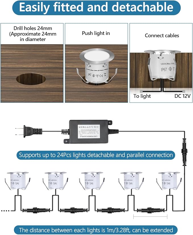 HIBOITEC Recessed LED Deck Light Kits(16 Pack) 12V Low Voltage Landscape Lighting IP67 Waterproof Outdoor Step Stair Lights Deck Lighting for Garden Steps Stair Patio Floor Decoration, White