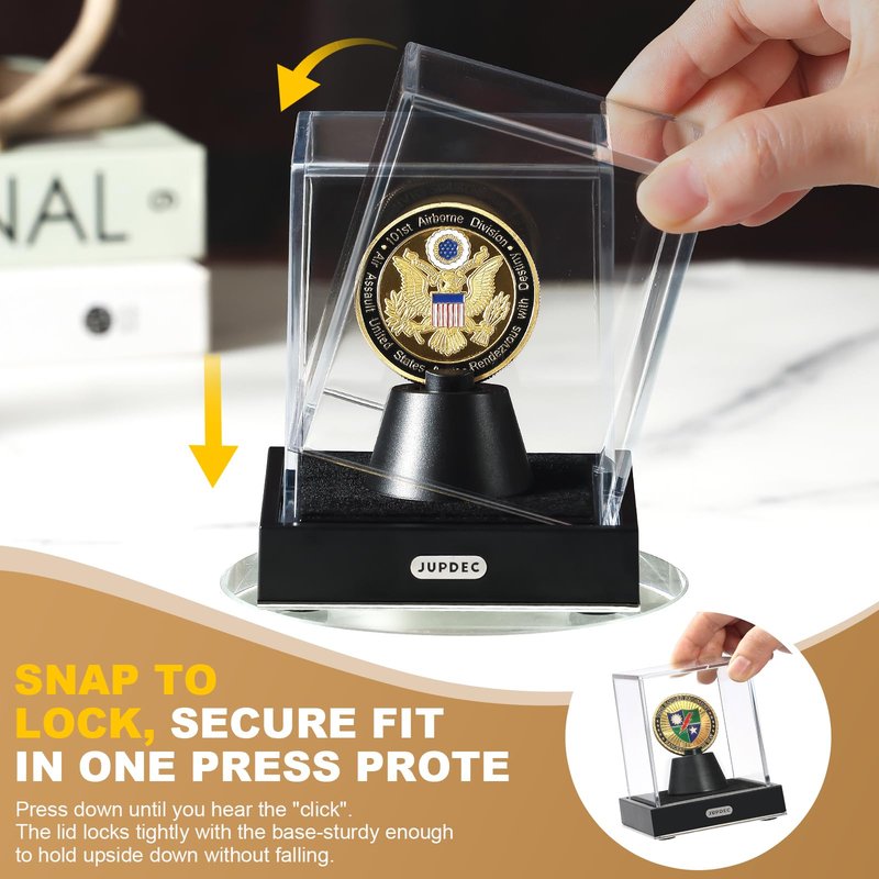 JupDec Coin Display Case, Clear Acrylic Single Coin Holder with Durable Base, Dustproof Cube Showcase with Black Velvet Interior, Ideal Gift for Challenge Coin Fans & Collectors