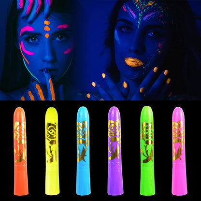 6 Pcs Glow in The Light Body Face Paint, Face Painting Kit, UV Crayon Kit Fluorescent Body Paints for Adults for Birthday Party Halloween Masquerade Makeup Outdoor for Kids