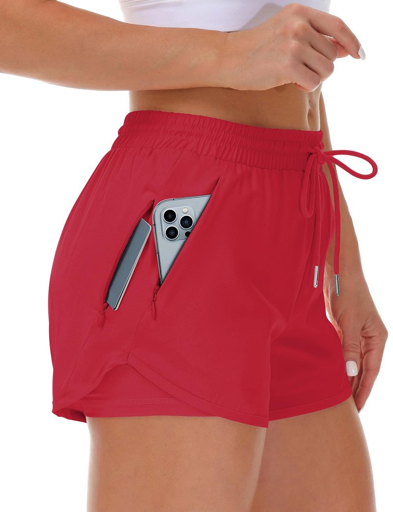 Mancreda Women's Running Shorts with Liner 3 Zipper Pockets Elastic Workout Athletic Gym Yoga Shorts(RD,S) Red