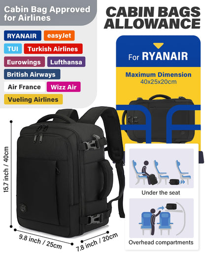 VANKEV Ryanair Cabin Bag 40x20x25 Underseat 20L Travel Bag Hand Luggage Backpack Carry-ons Bag Cabin Size Suitcases for Airplanes Flight Bag Travel Rucksack Fit 14 Inch Laptop Black