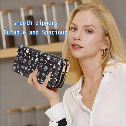 Nabegum Halloween Skull Wallets for Women Large Capacity 2 Zipper Around Gothic Wallet Ladies Goth Purse Credit Card Holder (Skull)