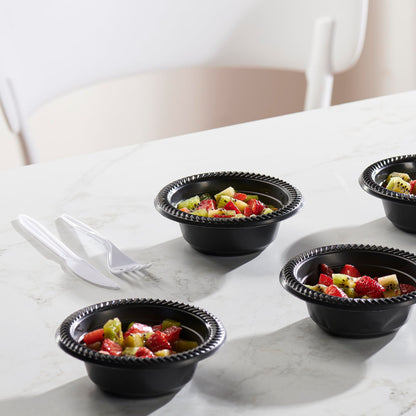 PLASTICPRO 100 PCS Black Plastic Bowls Light Weight 5 oz Small Plastic Soup Bowls Black Salad Dessert Plates Disposable for Party and Wedding