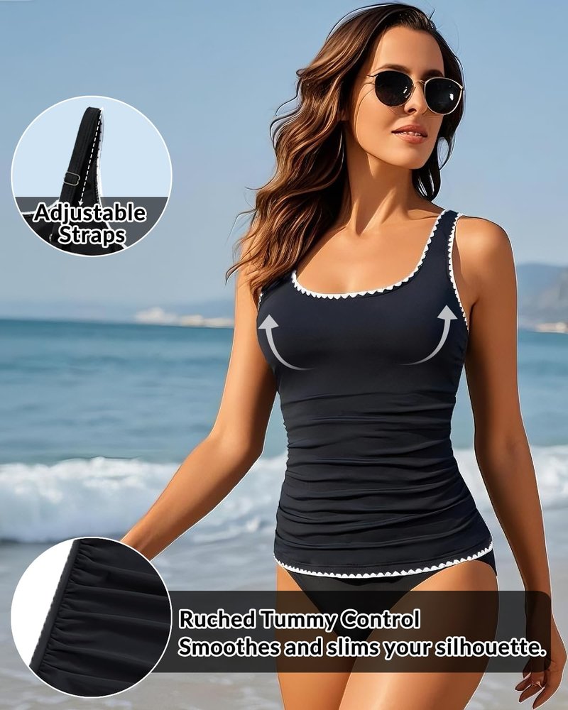 Aqua Eve Tankini Tops for Women Swimwear Top Only Tummy Control Bathing Suit Top No Bottom (Available in Plus) Black 02 M