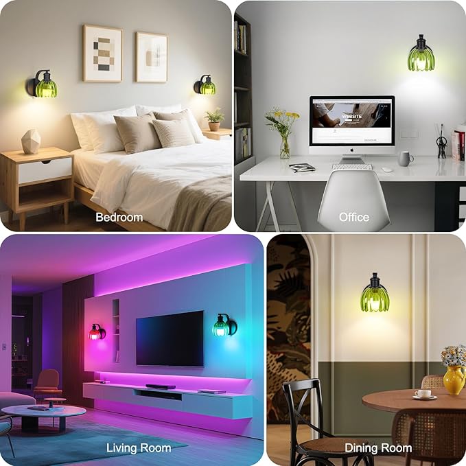 Rechargeable Battery Operated Wall Sconce with Green Glass Lampshade, Wireless Wall Scone Decor with Remote Control, 15 Colors Black Wall Light for Bedside Hallway Bedroom Doorway