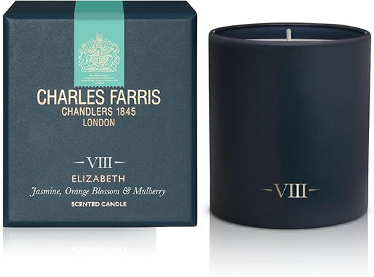 Charles Farris Luxury Scented Candle – 1 Wick, Hand-Poured, Long Lasting, Clean Burning, 210g / 7.5oz, Burns for up to 50 Hours, Made in England – Orange Blossom, Jasmine & Green Mulberry – Elizabeth