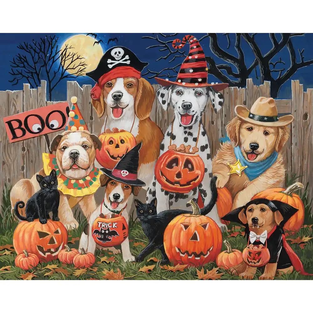 Bits and Pieces – 500 Piece Jigsaw Puzzle for Adults – Halloween Tricksters - Fall Night Holiday Dog Puppy Cat Pumpkin Fence Moon Costume Jigsaw Puzzle by Artist William Vanderdasson