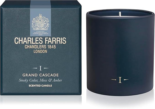 Charles Farris Luxury Scented Candle – 1 Wick, Hand-Poured, Long Lasting, Clean Burning, 210g / 7.5oz, Burns for up to 50 Hours, Made in England – Smokey Cedar, Moss & Amber – Grand Cascade
