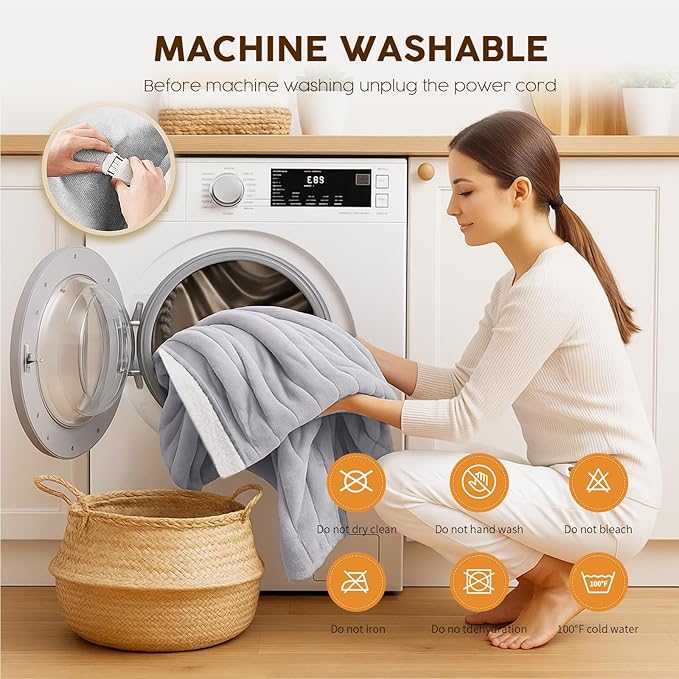 HYLEORY Heated Electric Blanket Full 72"x84" Soft Fleece & Flannel with 5 Heating Levels & 10 Hours Timer Auto Shutt Off, ETL Certified, Washable，Heated Blanket for Body-Light Grey