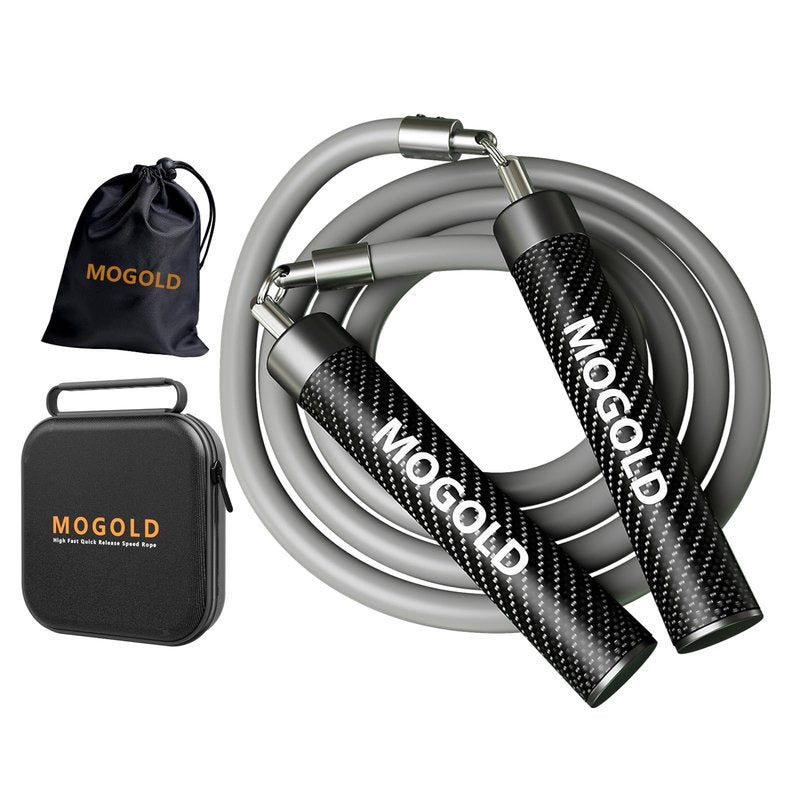 MOGOLD 1LB Weighted Jump Ropes for Fitness Men/Women with Heavy-Duty PVC Wire Cable & Durable Leather Skipping Rope Handles, Best for Fitness, High-Intensity Strength Workouts (Grey, XL - 9'6(User Height 6'0 +))