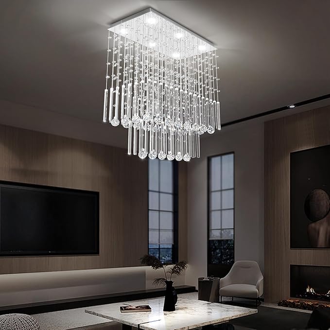 D24''XH28'' Rectangular Crystal Chandelier SilverRectangle Pendant Ceiling Light Fixture Raindrop Chandelier for Dining Room Living Room Kitchen Island Bar