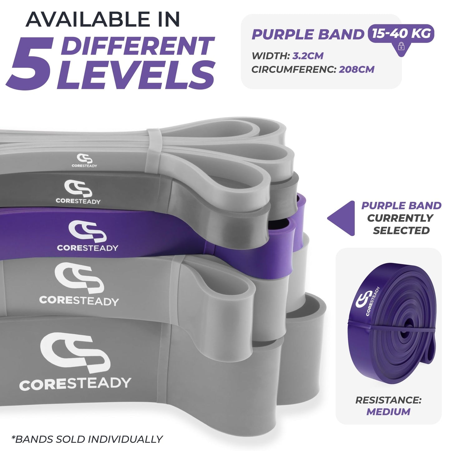Coresteady Pull Up Bands & Resistance Bands - Rubber Heavy Duty Elastic Loop Band for Men & Women - Build Fit Power & Muscle - Training, Fitness Assist Pull Ups & Gym Exercise - Purple, 15-40kg