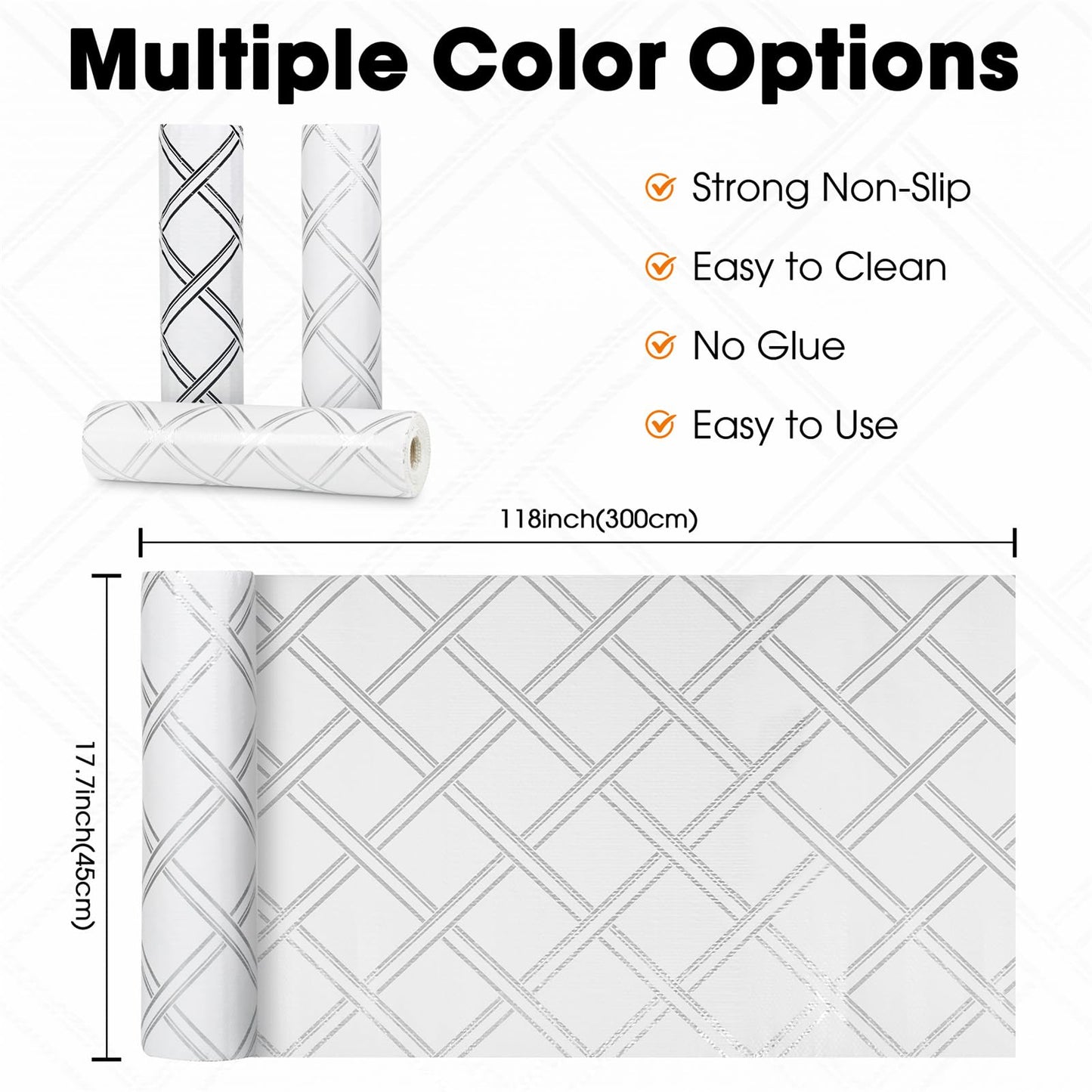 Drawer and Shelf Liner for Kitchen Cabinets Non-Adhesive Cabinet Liners for Shelves Strong Grip Non Slip Waterproof Cupboard Liner for Dresser Refrigerator, Bathroom,Silver Geometric,17.5IN X 10FT