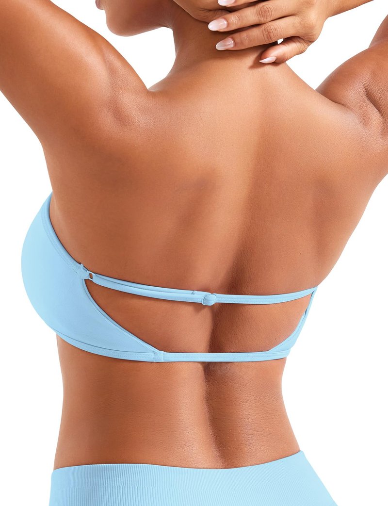 VOYJOY Impact Backless Bandeau Bra Workout Strapless Basic Tank Top Adjustable Back Bandeau Shirts Summer Going Out Tops Ice Blue