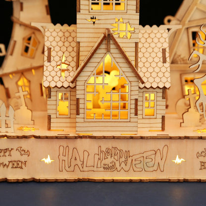 3D Wooden Halloween Haunted House Puzzles, Wood Creative Glow in The Dark Haunted House Puzzle, Assembly Model Building Kits to Build for Adults & Kids, Halloween Decor Model Kits