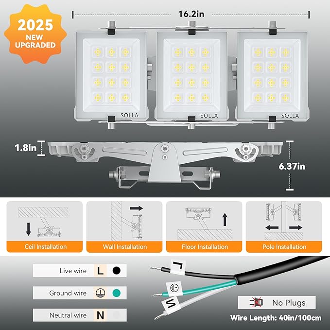 150W 2 Pack LED Flood Light Outdoor, 15000LM Super Bright Stadium Lights, 6000K Daylight White, IP66 Waterproof, 3 Heads Adjustable Outdoor Floodlight for Yards, Arena, Street, Garden