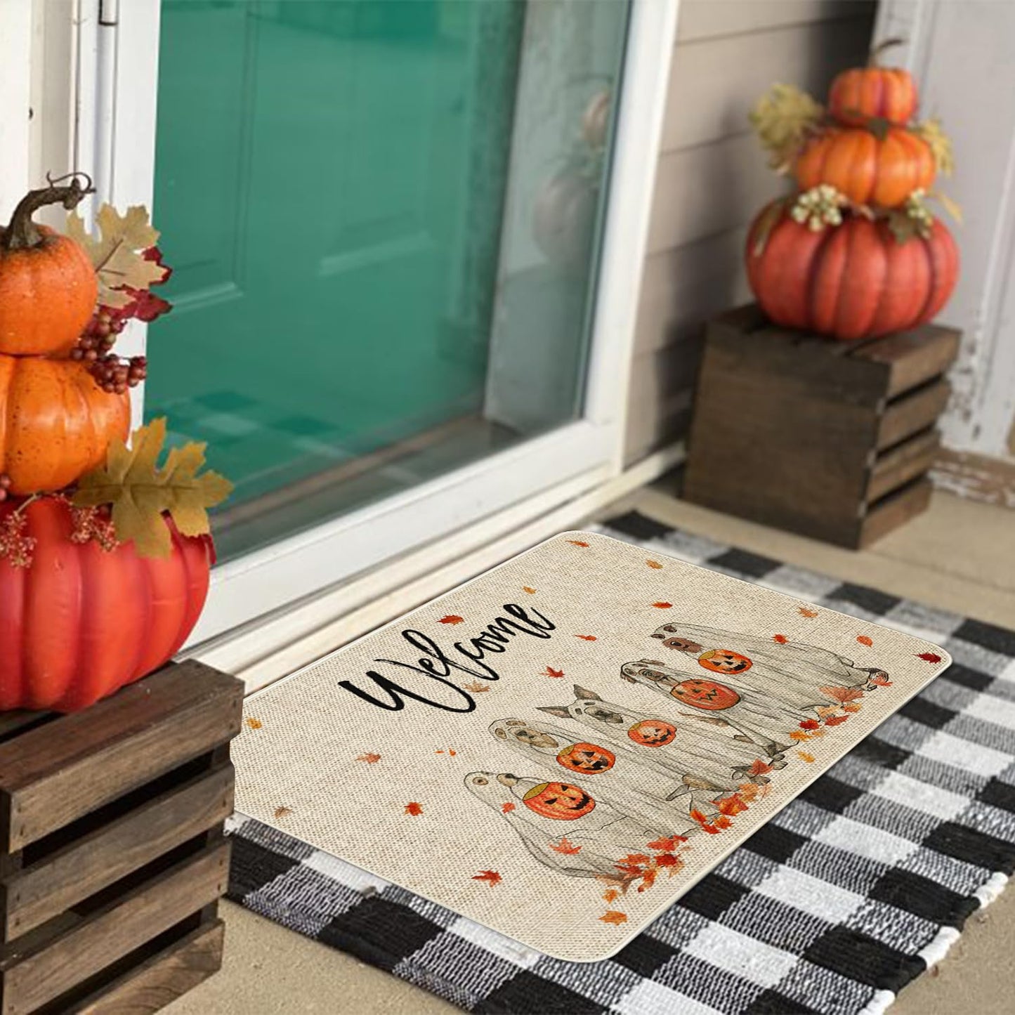 Roszwtit Fall Door Mat 30 X 17 Inch Fall Halloween Dog Welcome Doormat Indoor Outdoor Entrance Floor Mat Non Slip Autumn Halloween Decor Rubber Mats