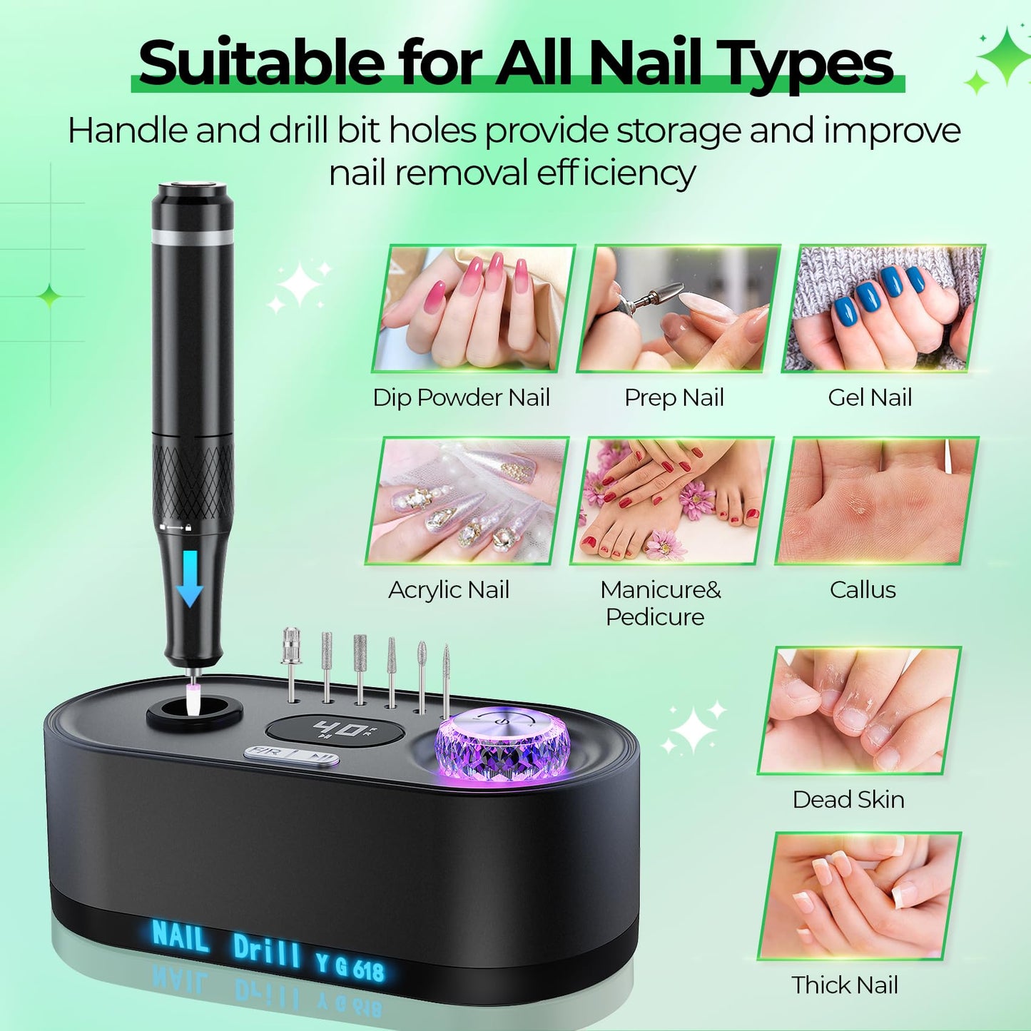 40000RPM Electric Nail File Drill Professional Kit, Drill Machine with LCD Display, Manicure Pedicure Polishing Acrylic Gel Nail Grinder for Salon, Home Use