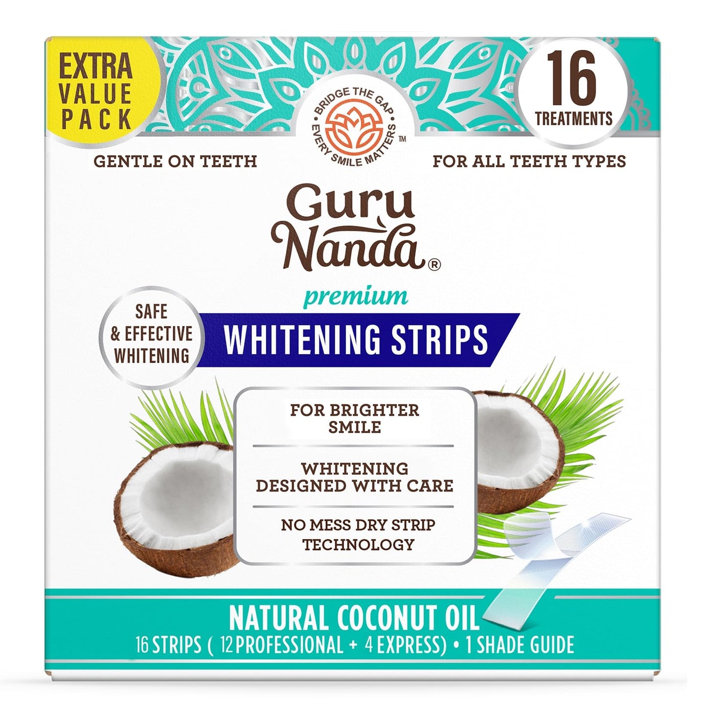 GuruNanda Teeth Whitening Strips - 16-Day Treatment with Non-Slip, Dry Strip Technology - Whitening Designed with Care for a Brighter Smile
