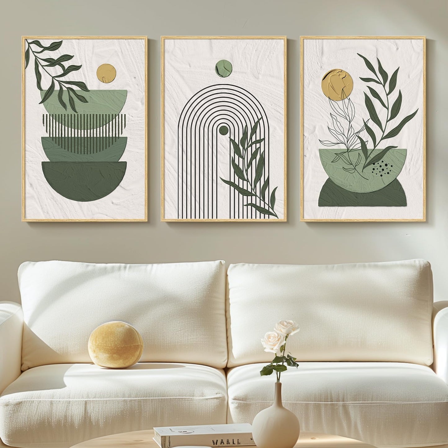 Framed Boho Sage Green Wall Art for Living Room, Large Mid Century Modern Tropical Leaf Canvas Artwork for Walls, 3 Piece Beige Orange Bohemian Wall Art Prints for Bedroom Kitchen Hallway, 16x24 Inch