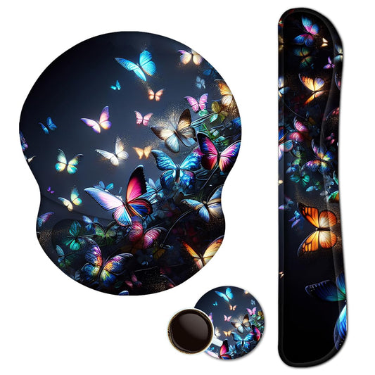 ARTSO Ergonomic Mouse Pad with Wrist Rest, Comfortable Keyboard Wrist Rest, Memory Foam Mousepad for Computer Keyboard, Mouse Pad Set for Easy Typing, Pain Relief, Night Butterfly