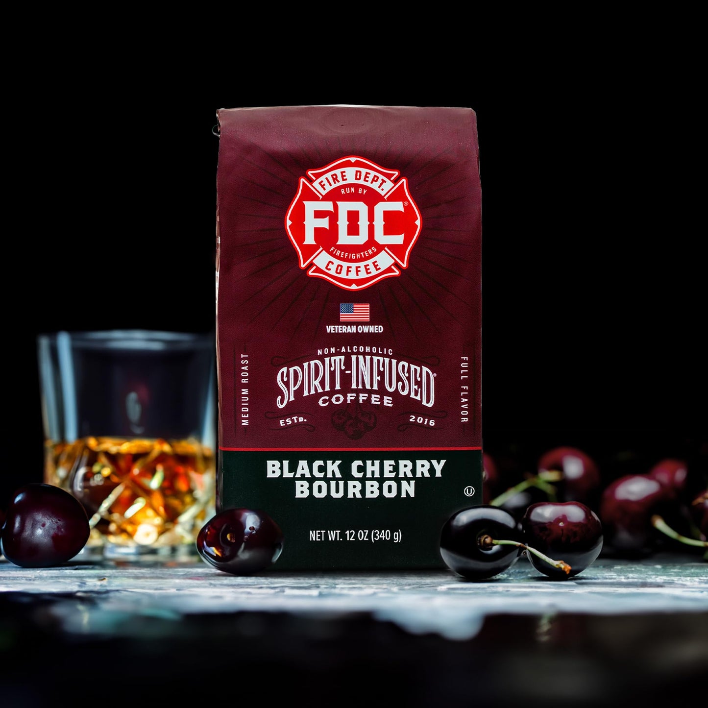 Fire Department Coffee - Black Cherry Bourbon Coffee - Gives Back to Firefighters - Premium Bourbon Infused Ground - Non-Alcoholic - Roasted in the USA - Veteran Owned - 12 oz
