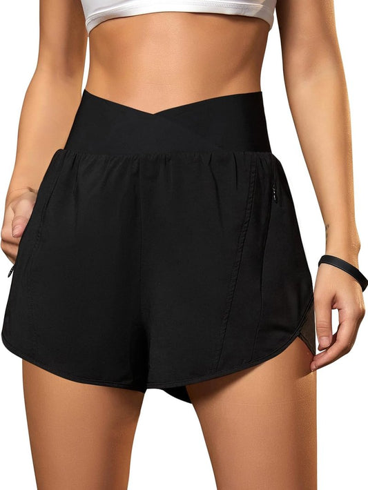 Women's High Waisted Crossover Workout Shorts - Athletic Running Shorts with Zipper Pockets | Comfortable & Stylish