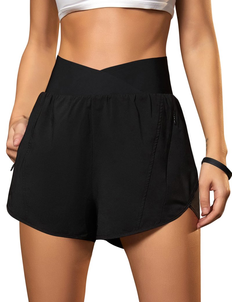 Blooming Jelly Women's Workout Shorts Athletic Running Elastic High Waisted Black Gym Yoga Shorts with Zipper Pockets (Black with Yellow,Medium)