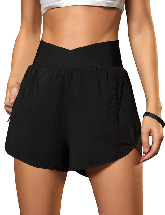 Blooming Jelly Women's Workout Shorts Athletic Running Elastic High Waisted Black Gym Yoga Shorts with Zipper Pockets (Black with Yellow,Medium)
