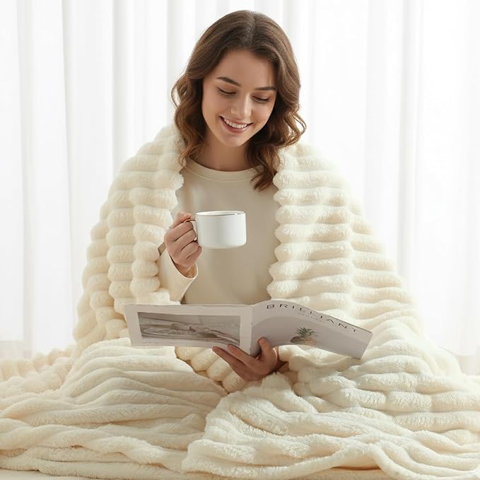 decorUhome Soft Fleece Beige Blanket Queen Size for Bed, Cozy Fluffy Plush Flannel Large Striped Throws for Couch Sofa, Lightweight Decorative Fuzzy Blanket for Woman, 90x90 Inches