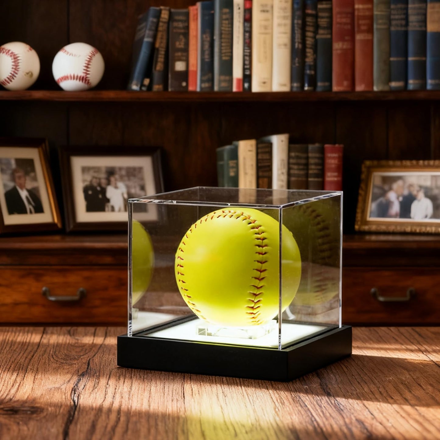 Softball Display Case with LED Light and Solid Wood Base, UV Protected Acrylic Display Box for Memorabilia, Signed Balls Showcase, No Assembly Required