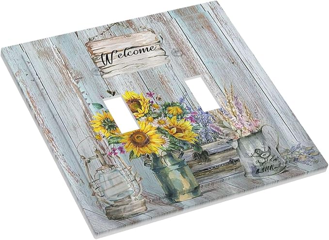 Sunflower Vintage Barn Wooden 2 Gang Light Switch Plate Cover Sun floral Double Toggle Wall Plate Decorative Switchplate Electrical Faceplate Farmhouse Home Livingroom Decor