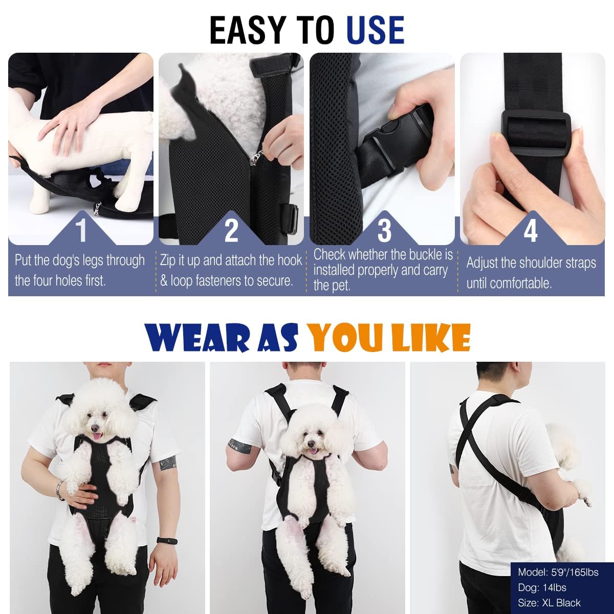 Adjustable Pet Carrier Backpack, Pet Front Dog Carrier Backpack, Legs Out, Easy-Fit for Hiking Traveling for Small Medium Dogs, Small Travel Bag, Black