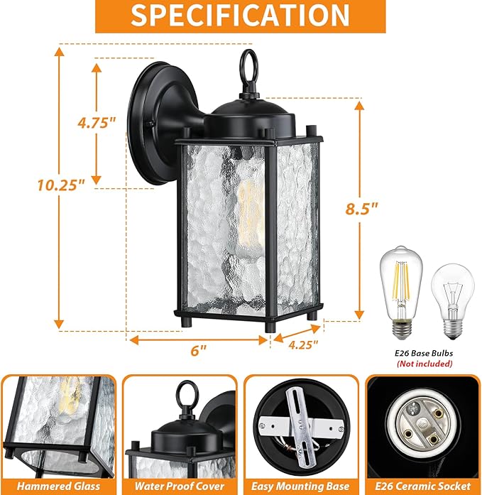 Outdoor Wall Light Fixture, Exterior Lighting Fixture Wall Mount, Black Outdoor Porch Light with Hammered Glass, Outside Lights for House, Waterproof Anti-Rust for Garage, Front Door