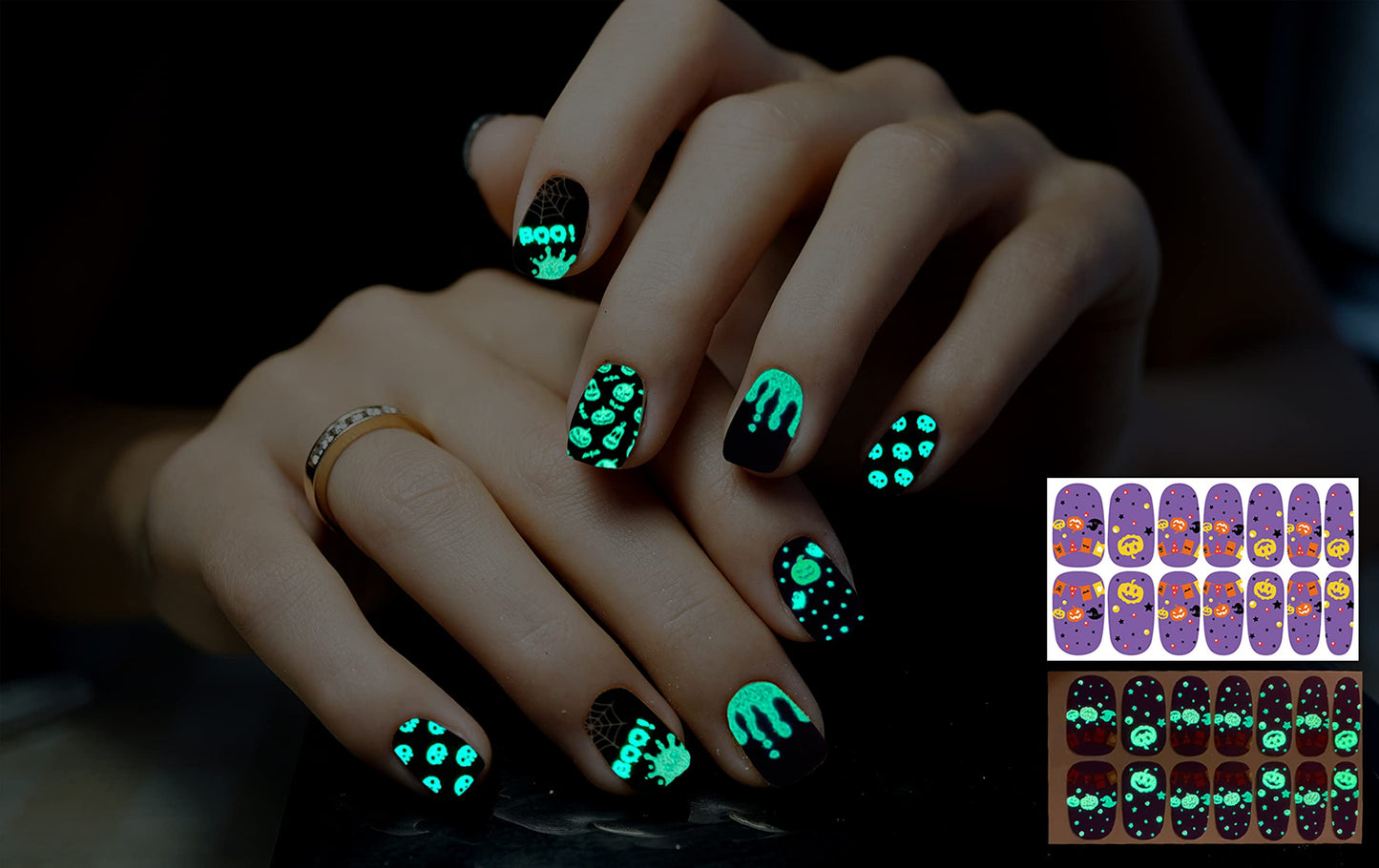 TailaiMei 12 Sheets Glow in The Dark Halloween Nail Wraps Stickers, Fluorescent Nail Polish Strips Self-Adhesive Full Wraps with 2 pcs Nail Files for DIY Nail Art Decals (Dark Style)