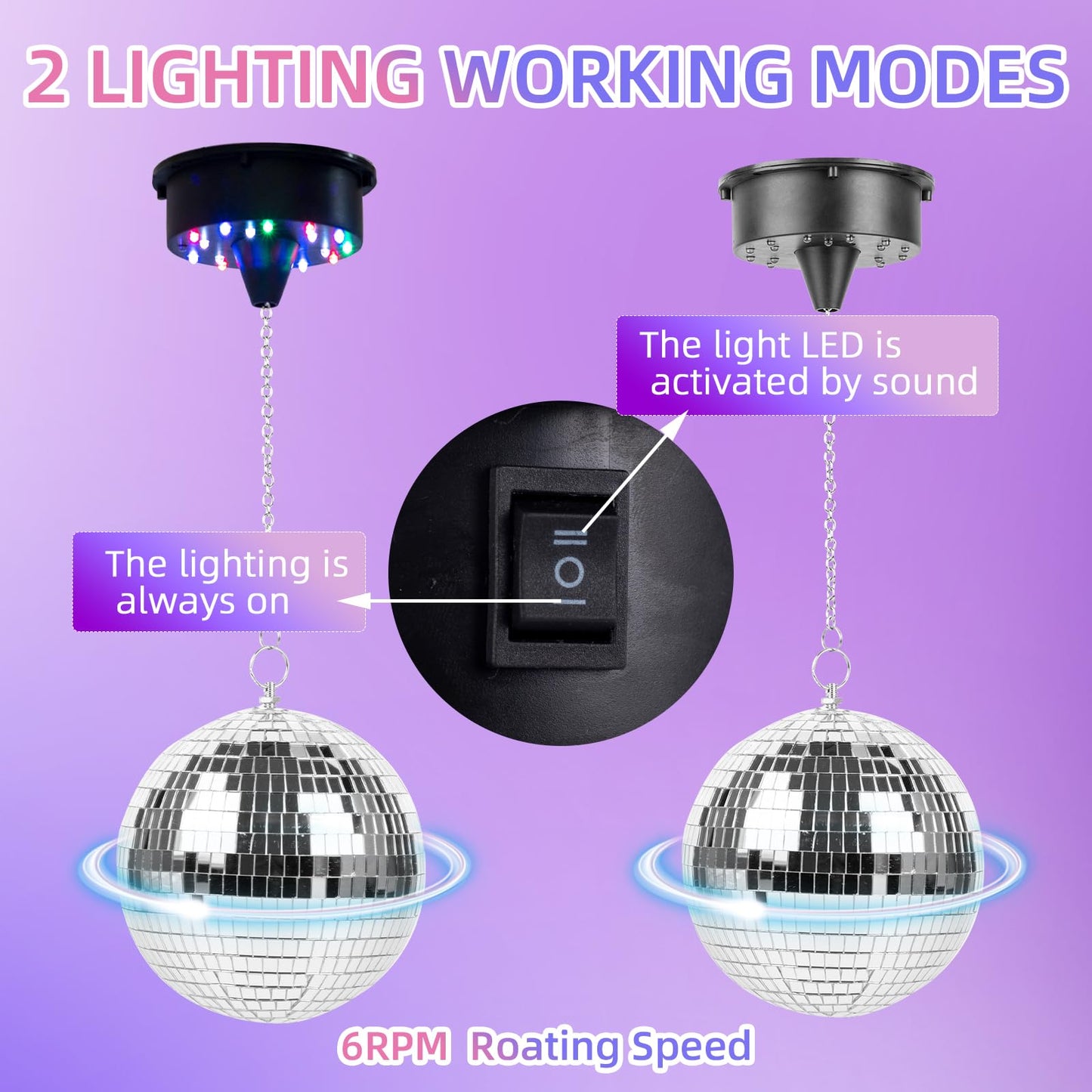 Rotating Disco Ball Motor with Light: Battery Operated 6 RPM Hanging Mirror Ball Spinner - 18RGBW Led Light Up 4 6 8 12 inch Party Disco Balls Rotator for Parties Home Decor Weddings KTV