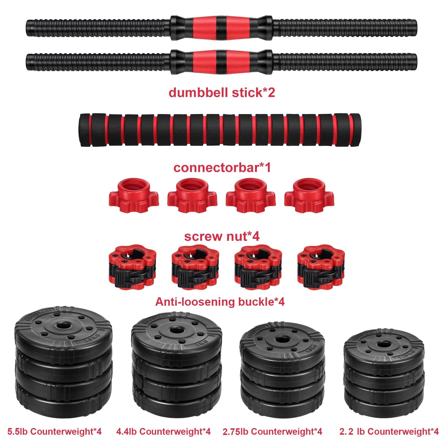 EDOSTORY Adjustable Dumbbell Set, 22/44/66/88lbs Free Weights, 4-in-1 Barbell & Kettlebell Set, Non-slip Handles, Fitness for Men & Women