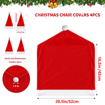 VADOO Christmas Chair Covers, 6PCS Santa Hat Chair Covers with 6 Pcs Silverware Holders Red Hat Dining Chair Slipcovers Christmas Chair Back Covers for Party Holiday Festival Decoration