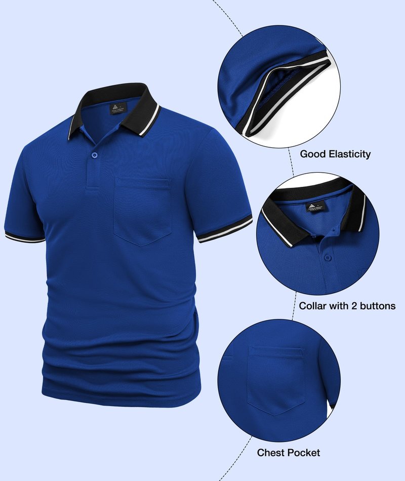 ZITY Mens Polo Shirts Casual Short Sleeve Athletic T-Shirts Classic Contrast Collar Shirt with Pocket Golf Polo Shirt for Men Royal Blue