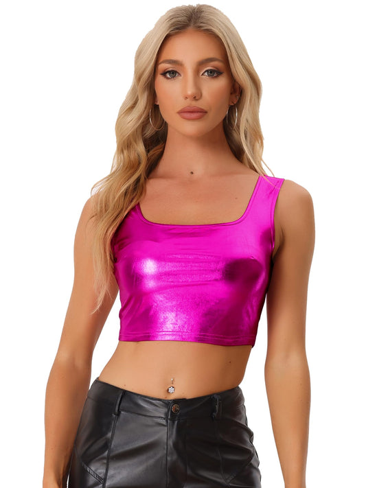 Allegra K Women's U Neck Sleeveless Halloween Party Clubwear Holographic Shiny Metallic Crop Top Small Hot Pink