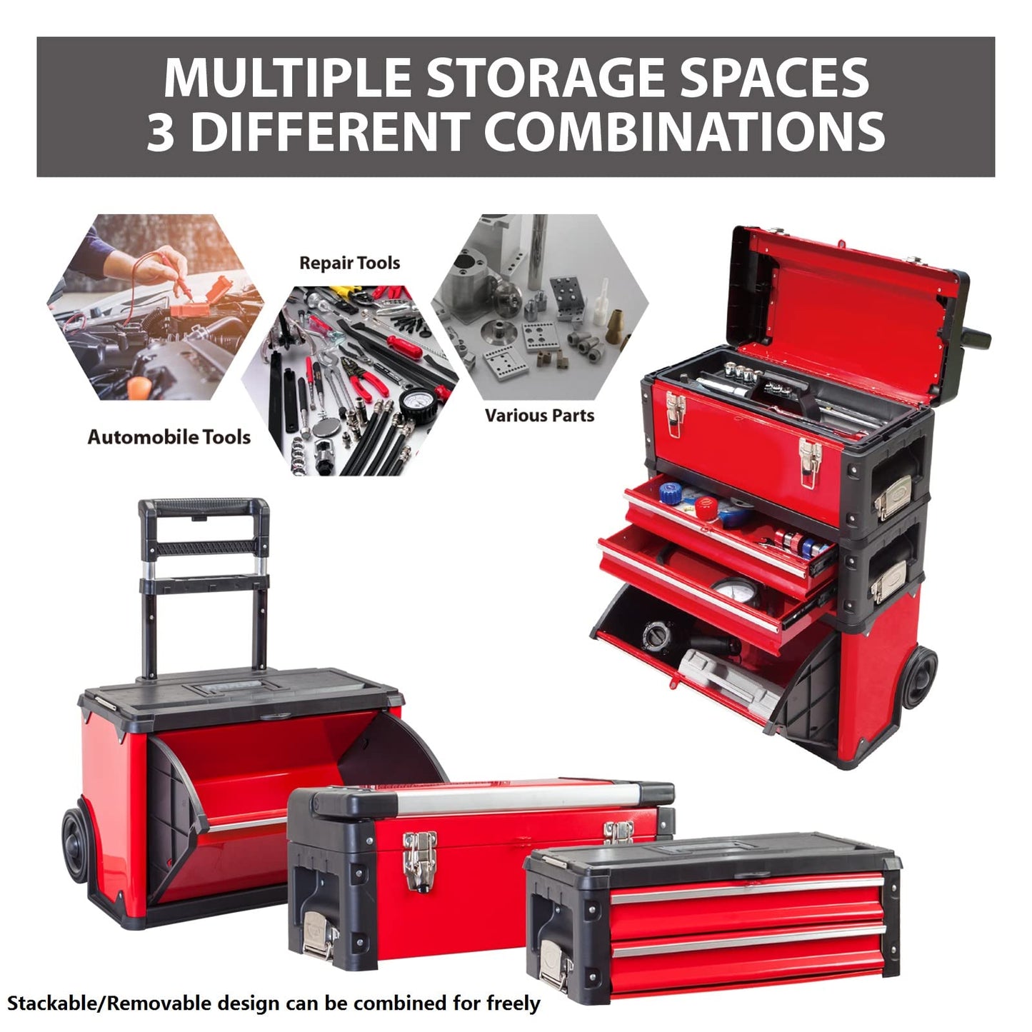 BIG RED TRJF-C305ABD Torin Garage Workshop Organizer: Portable Steel and Plastic Stackable Rolling Upright Trolley Tool Box with 3 Drawers, 20.5" L x 12.6" W x 28.4"
