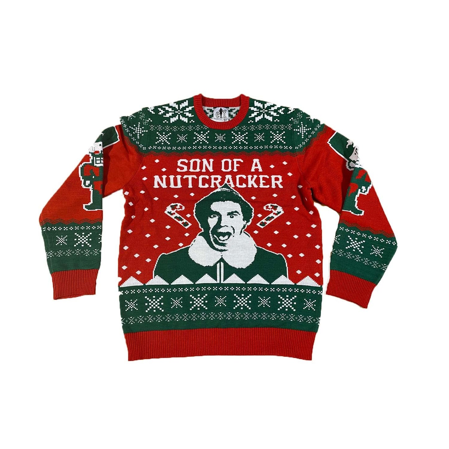 Bioworld ELF Movie Men's Son of a Nutcracker Ugly Christmas Sweater Holiday Knit Pullover (Large) Red